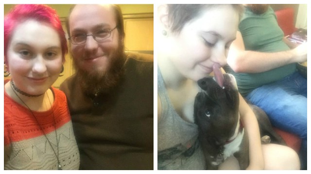 Two photos side by side. On the left, Kaety (a white person with pink hair in an orange and gray sweater) stands next to their fiance Matt (a white man with brown hair and a beard in a dark sweater). On the right, Kaety smiles as Denim, a black dog with white paws, lies in their lap and licks their face.