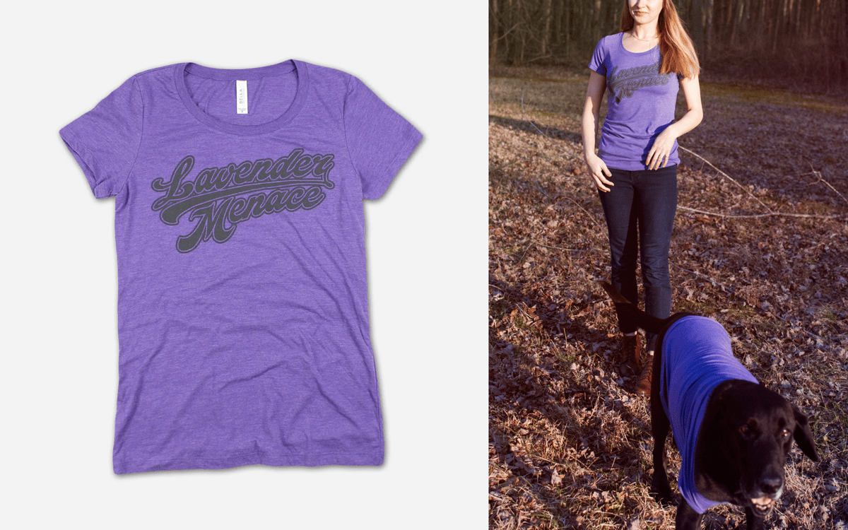 Cooper is wearing an XL the women's style Lavender Menace tee. 
