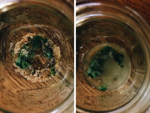 comparison between muddled sugar and mint, and the same with lime juice