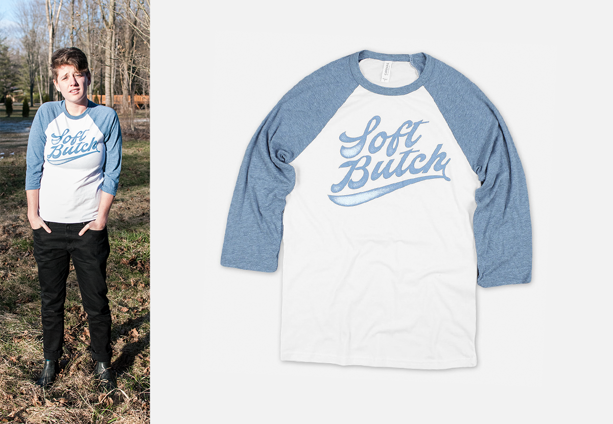 Sarah is wearing the Soft Butch Raglan tee in Small. 