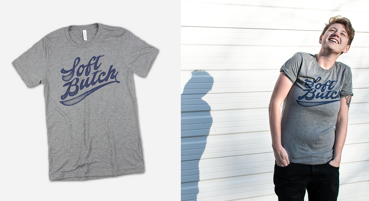 Sarah is wearing the Soft Butch tee in small.