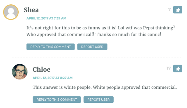 Shea: Who approved this award? Chloe: This answer is white people. White people approved that commercial.