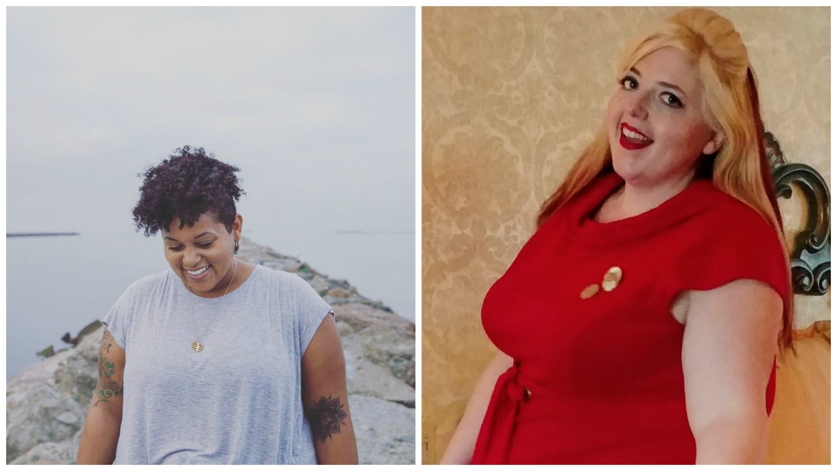 Two photos side by side. On the left, A Black woman with short black hair wearing a grey t-shirt stands on a beach against a grey sky, smiling down toward the ground. On the right, A white woman with blonde hair, red lips, and wearing a red shirt smiles toward the camera.