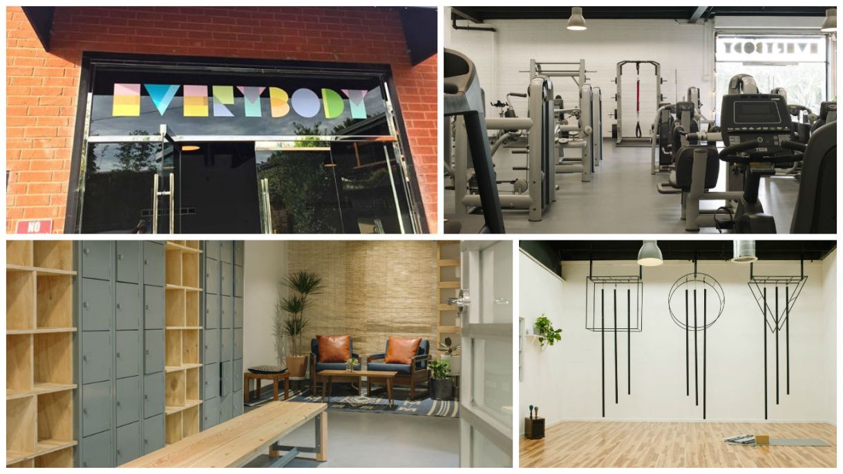 A collage of four photos. On the top left, a glass door with the word EVERYBODY over it in multicolored block letters; top right, a room full of weight machines; bottom right, a yoga studio; and bottom left, a locker room with a wooden bench and leather chairs to sit on.