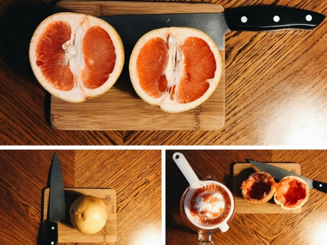 a tryptic of photos that demonstrates slicing a grapefruit longways and juicing it