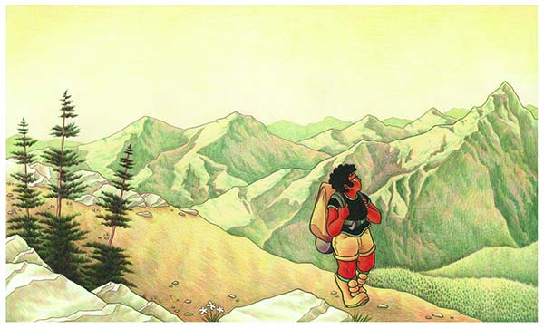 comic drawing from ATCF of a queer poc in the mountains