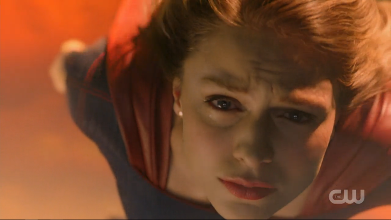 Supergirl flies, tears in her eyes