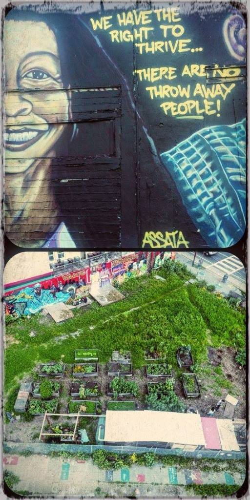 Two photos, one of an outdoor mural featuring a smiling face and the words "We have the right to thrive... there are no throw away people!" and one photo of a community garden