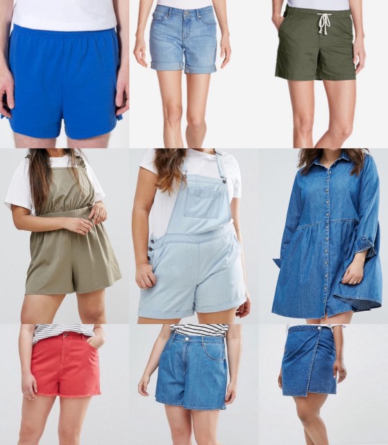 blue gym shorts, jean shorts, khaki shorts, tan romper, jean overalls, denim dress, coral shorts, jean culottes, jean wrap skirt