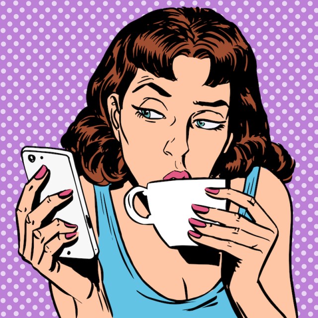 Pop art of woman taking a sip of coffee and looking at a smartphone with an eyebrow raised