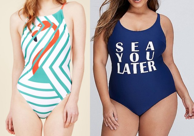 white one-piece bathing suit with teal stripes and a flamingo, a navy one piece bathing suit that says S-E-A sea you later