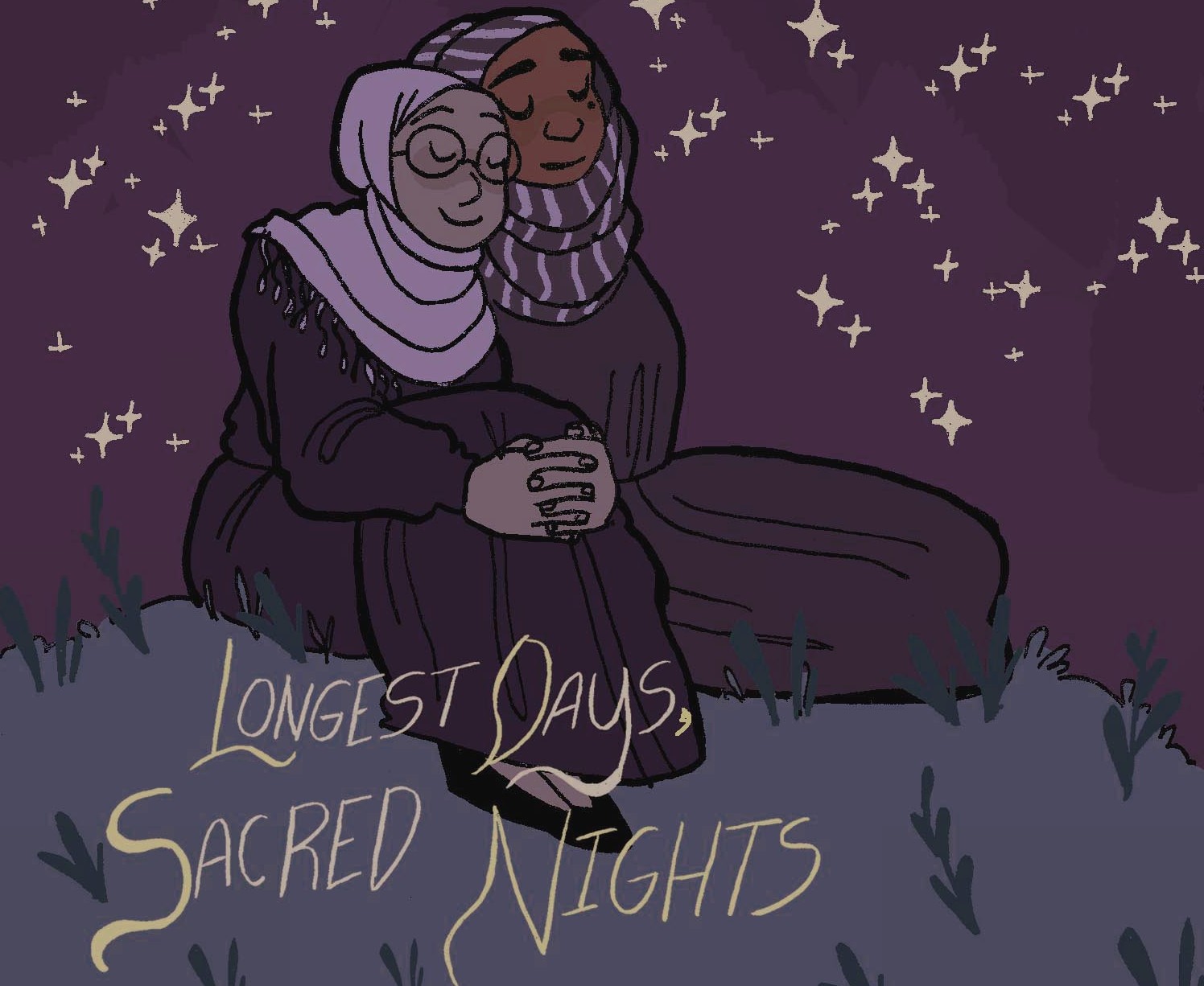 An animated rendering of two women wearing head scarves leaning contentedly against each other on a hilltop. It is nighttime and there is a crescent moon in the sky. The phrase Longest Days, Sacred Nights is written in the bottom of the frame.