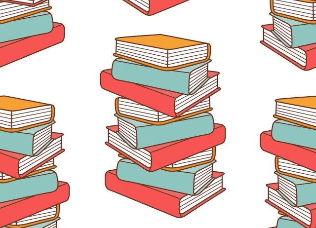 vector illustration of stack of books in red, blue, and yellow on a white background