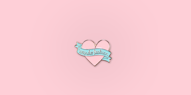 Weirdo Lesbian Pin / Description: Heart with ribbon across center that says "Weirdo Lesbian" / Metal: Rose Gold / Enamel Colors: Pink and Mint