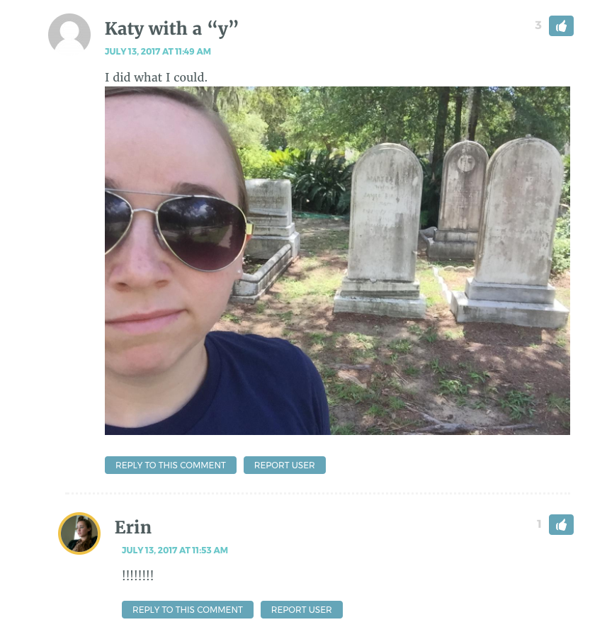 Shows picture Katy took with the tomb Erin wrote about, then says "I did what I could"