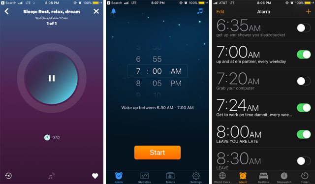 Shown: screenshots from three apps, Smiling Mind, Sleep Cycle, and a sassy onslaught of iOs alarms