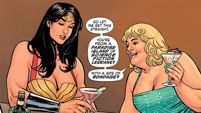 Wonder Woman is wearing a halter bathing suit in red and gold; Etta Candy is wearing a teal bathing suit with a circuit board print. Both of them have martinis. Etta is saying "so let me get this straight: you're from a paradise island of science fiction lesbians? With a side of bondage?"