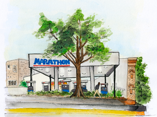 watercolor drawing of a marathon gas station