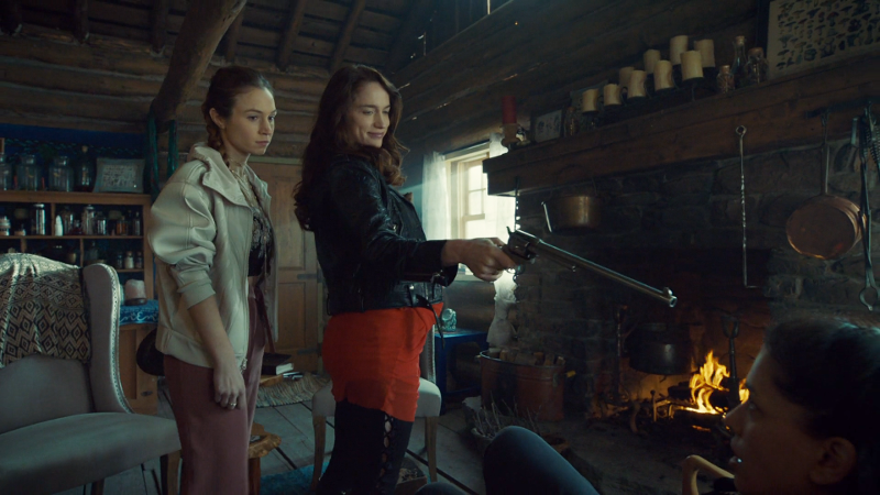 Wynonna and Waverly have Serious Faces as they interrogate Greta