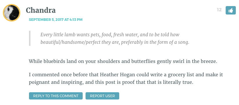 Every little lamb wants pets, food, fresh water, and to be told how beautiful/handsome/perfect they are, preferably in the form of a song. While bluebirds land on your shoulders and butterflies gently swirl in the breeze. I commented once before that Heather Hogan could write a grocery list and make it poignant and inspiring, and this post is proof that that is literally true.