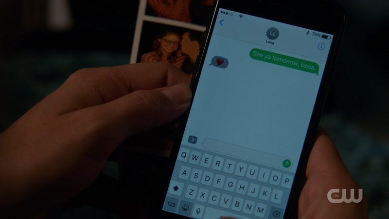 The text between Kara and Lena; Kara says "See you tomorrow, boss" and Lena responds with a red heart emoji