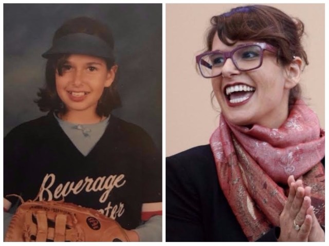 Side by side photos of Iah. On the left she is a young kid wearing a softball uniform (complete with visor). On the right, she's in her twenties, smiling away from the camera while wearing red framed glasses and a pink scarf.