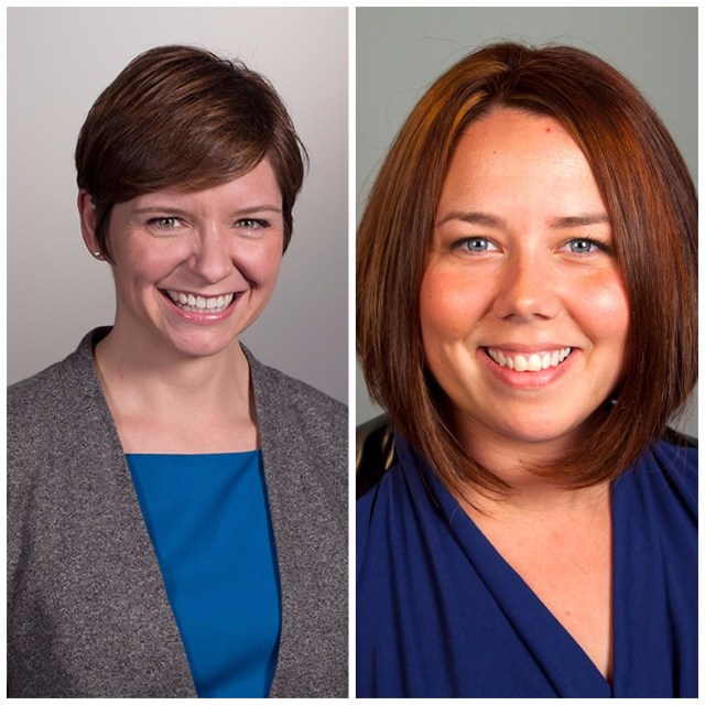 Two professional headshots side by side of Katherine Gallagher Robbins and Laura E. Durso.