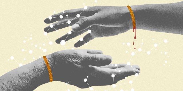 Graphic of Two Hands (Young and Old) wearing copper bracelets, one dripping with blood, surrounded by DNA structures
