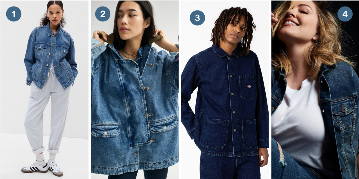 Left to right: 1. A denim trucker jacket, 2. A denim trucker jacket that's a pullover, 3. A men's dark wash denim trucker jacket, 4. A plus size denim trucker jacket