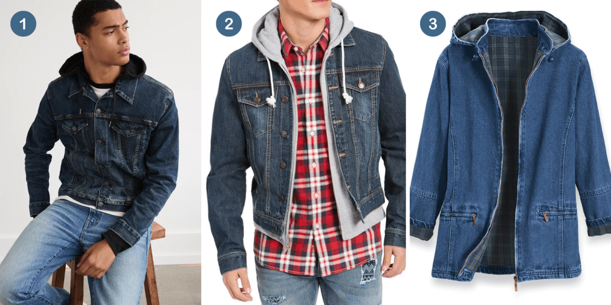 1. Denim jacket with a black sewn in hood, 2. Denim Jacket with a grey sewn in hood, 3. Denim jacket with a full flannel lining, including the hood