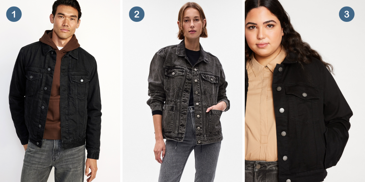 1. Denim jacket in Black, 2. Stone washed Denim Jacket in Black, 3. Plus size Denim Jacket in Black