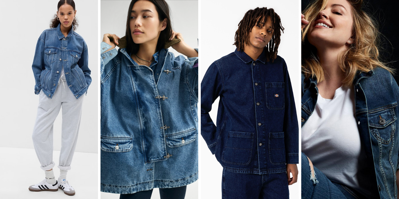 Gay Denim Jackets for Fall Trends: Left to right: 1. A denim trucker jacket, 2. A denim trucker jacket that's a pullover, 3. A men's dark wash denim trucker jacket, 4. A plus size denim trucker jacket