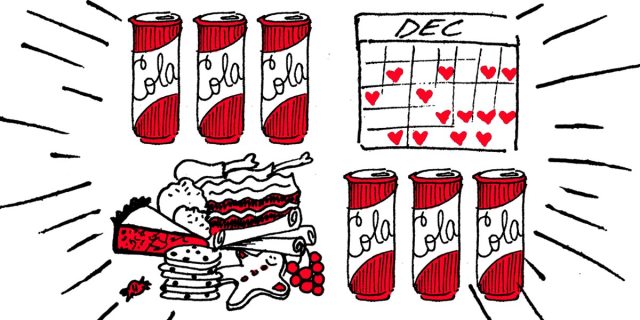 holiday illustration: cola cans, a december calender marked with hearts, and a pile of delicious holiday treats and food