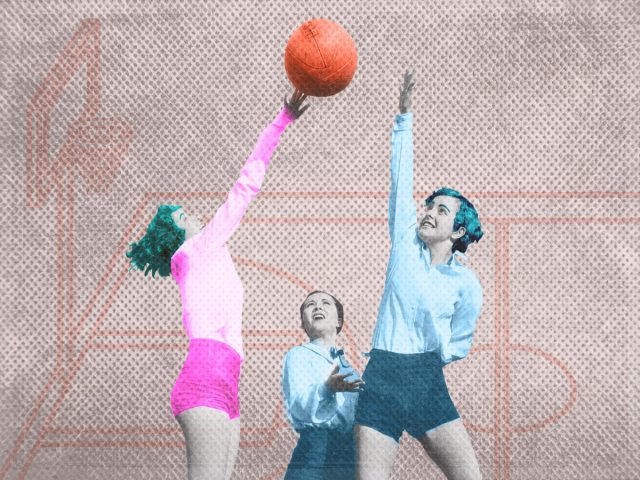 vintage photography collage, three women all jumping and reaching for a basketball in candy colors