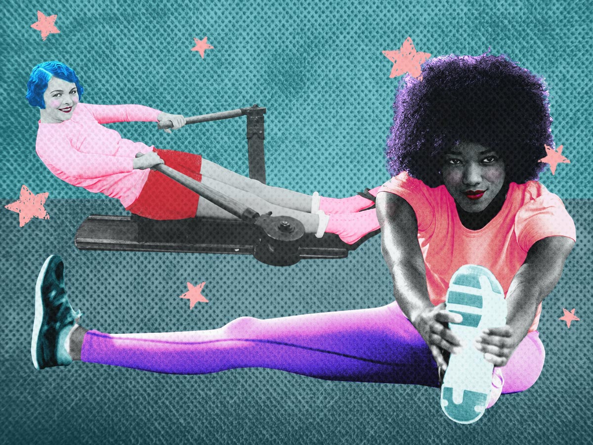 Vintage Collage: Retro image of woman using a rowing machine, and an african american woman stretching her leg