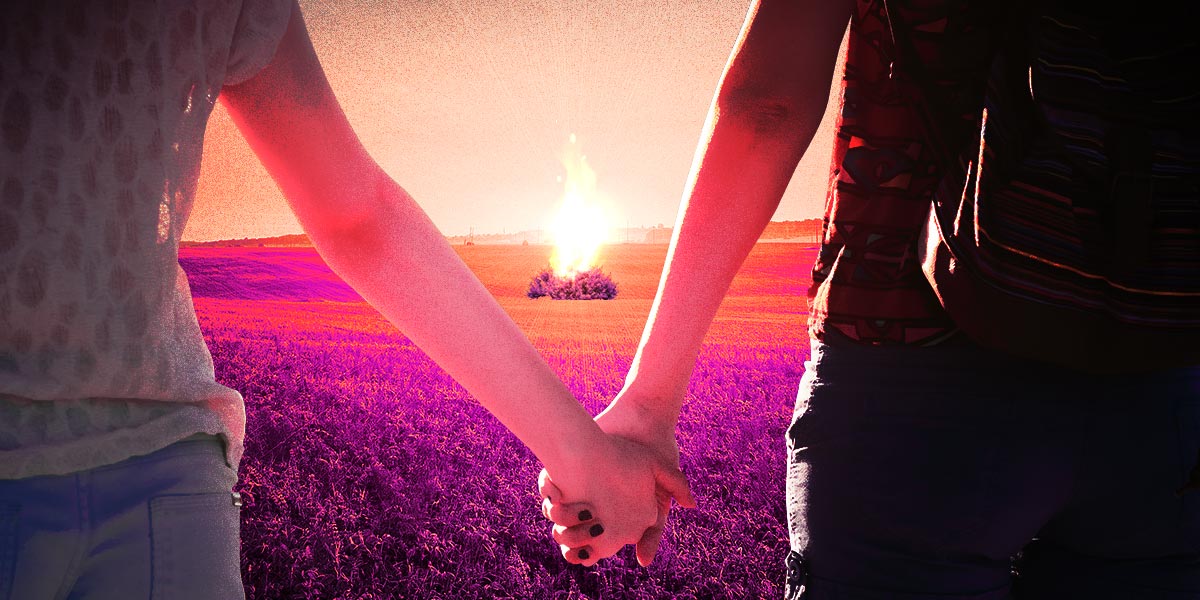 photo collage - two girls holding hands watching a bush on fire in a countryside field