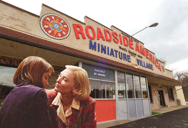 therese and carol canoodling outside of roadside america in pennsylvania