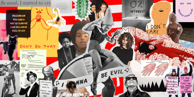 Raquel's 2018 Moodboard with many different collaged images, including Eartha Kitt, Solange, Nina Simone, Beyonce, Chavela, and Josephine Baker
