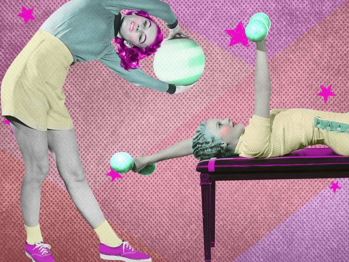 Vintage images of girls working out with medicine balls and weights