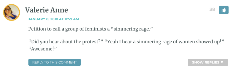 Petition to call a group of feminists a “simmering rage.” “Did you hear about the protest?” “Yeah I hear a simmering rage of women showed up!” “Awesome!”
