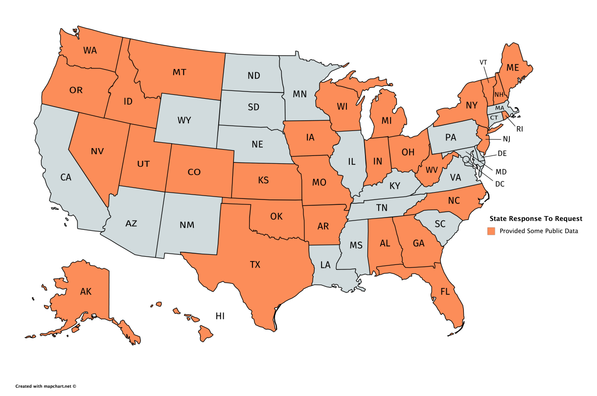 Map of states. No states provided the full list of items requested by the commission. Some did provide public information, the definition of which varies state by state.
