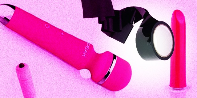 collage of sex toys: vibrator, bullet, wand massager and bondage tape