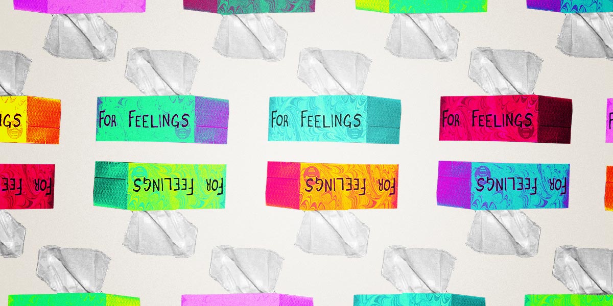 pattern of tissue boxes that say "for feelings"