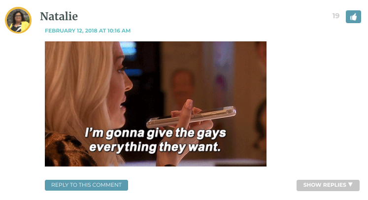 Blonde woman with chopsticks saying "I'm going to give the gays everything they want."