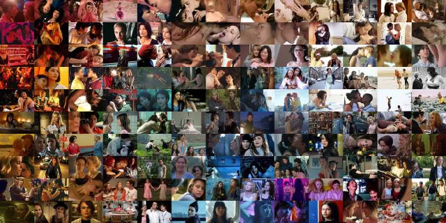 A collage of the 200 best lesbian movies of all time, arranged in rainbow colors.