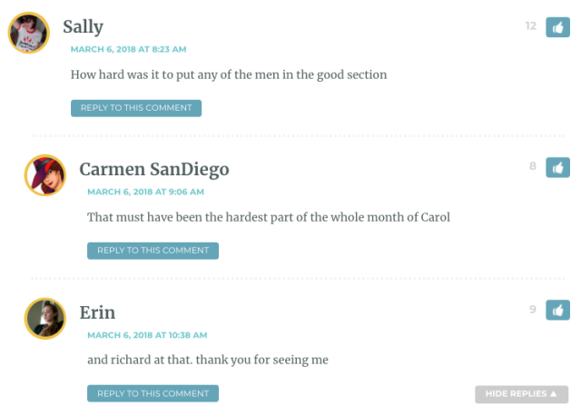 Sally: How hard was it to put any of the men in the good section / Carmen: That must have been the hardest part of the whole month of Carol / Erin: And Richard at that!