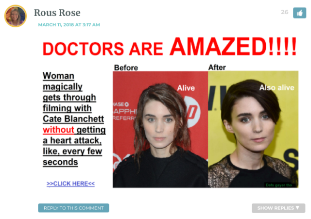 Photoshopped image. Heading: Doctors are AMAZED! Woman magically gets through filming with Cate Blanchett WITHOUT having a heart attack every five seconds.