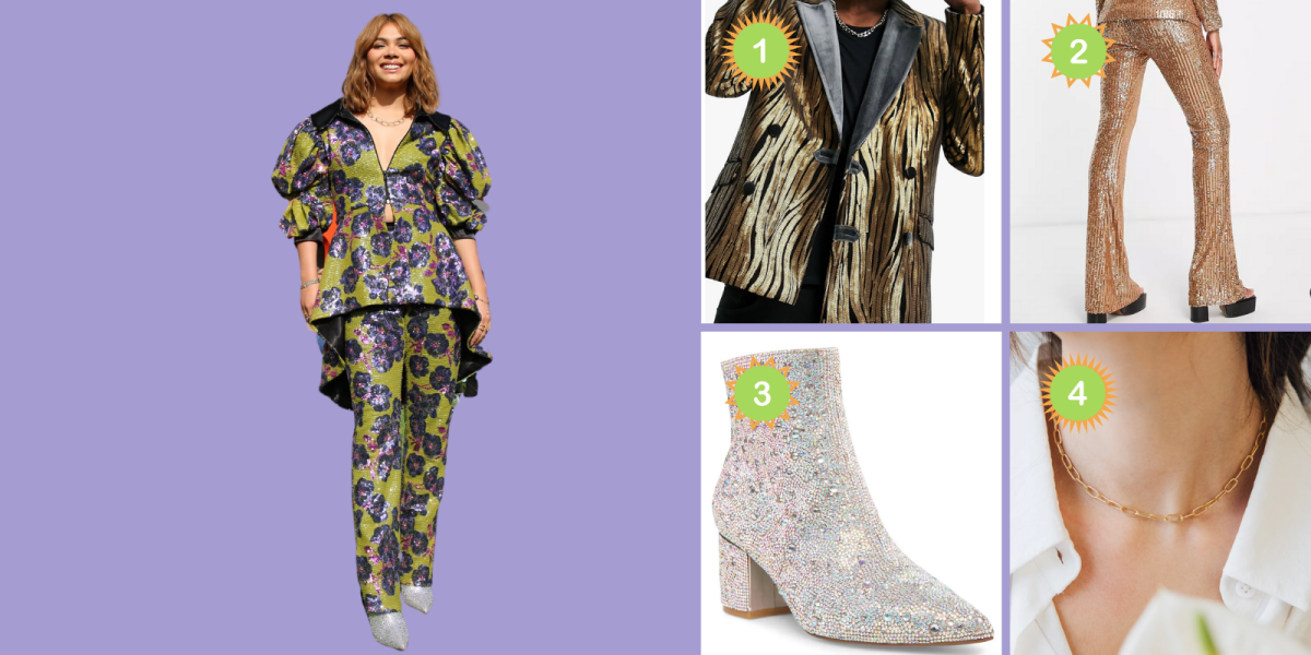 Photo 1: Hayley Kiyoko wears a sparkly patterned suit in green and purple with pointy silver shoes. Photo 2: A gold and black double breasted blazer. Photo 3: A pair of gold sparkle pants. Photo 4: A glittery silver bootie. Photo 5: A gold chain necklace.