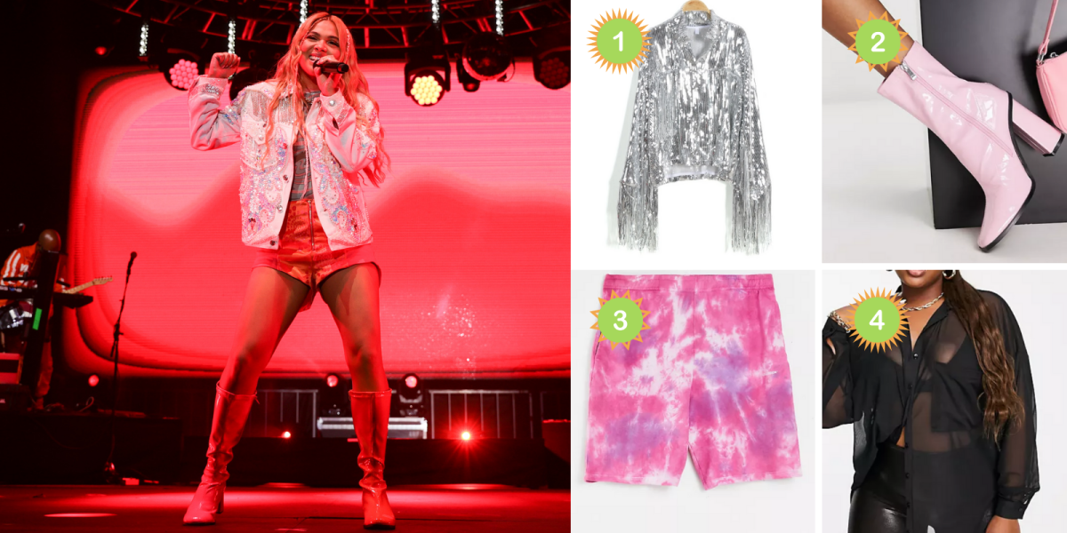 Photo 1: Hayley Kiyoko stands on stage wearing a fringe silver jacket, pink short shorts, and pink calf high boots. She is holding a microphone and the lighting behind her is pink. Photo 2: A silver friend jacket. Photo 3: Pink patent leather boots. Photo 4: Pink and purple tie dye shorts. Photo 5: A mesh black buttondown.