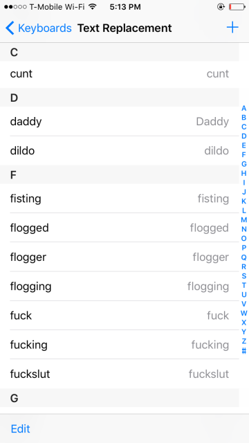 sample autocorrect list, including words like "dildo," "flogging," "fisting" and fuck"